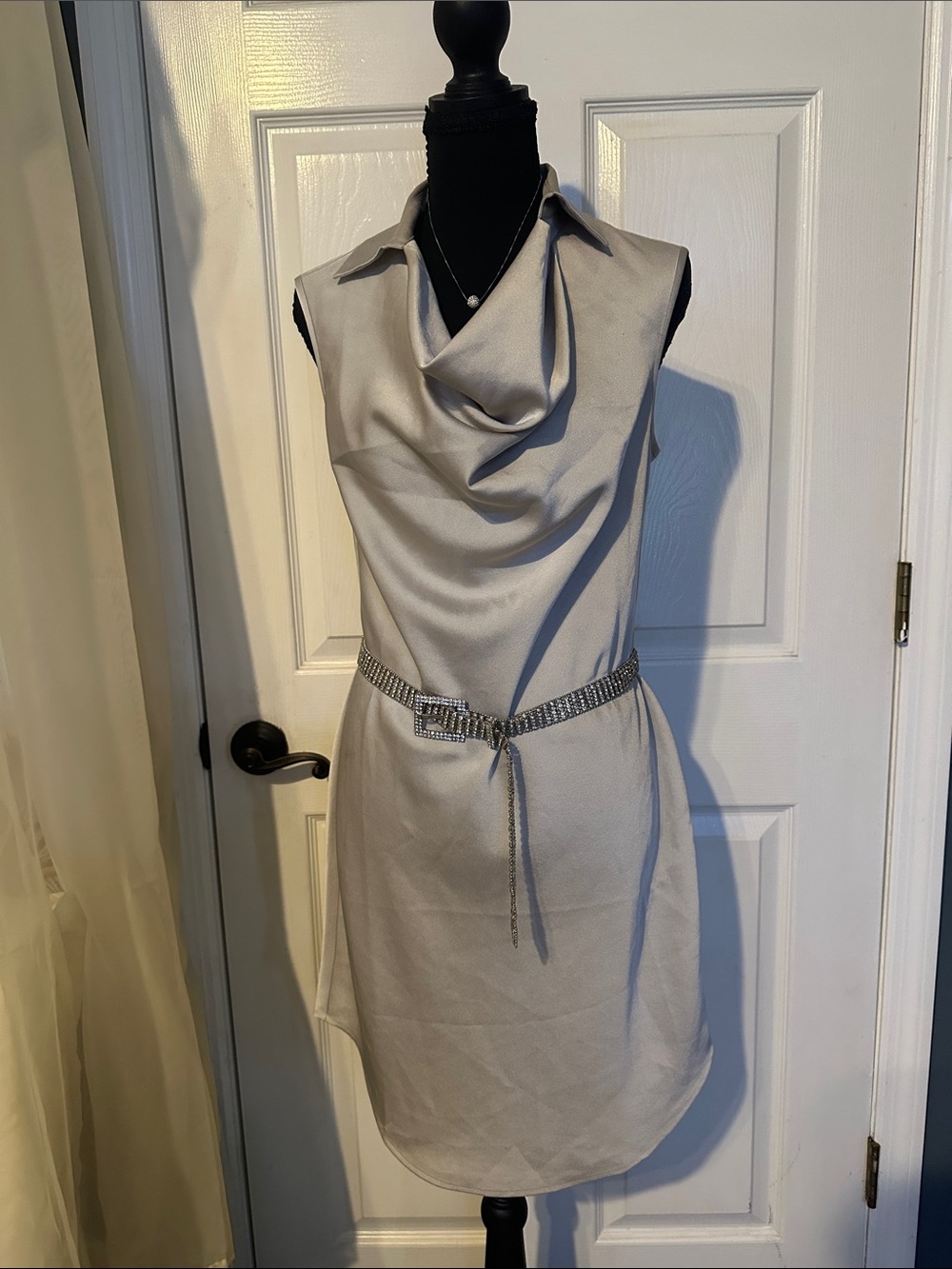 Calvin Klein Sleeveless Cowl Neck Mini Dress in Light Gray